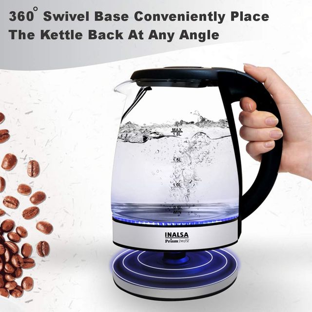 INALSA Electric Kettle for Hot Water,Prism Inox 1.8 L Capacity,LED Illumination & Boro-Silicate Body