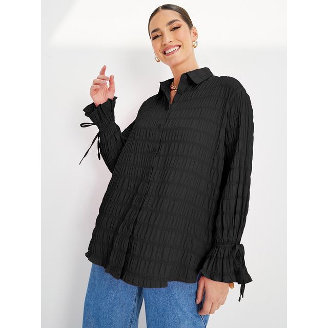 Styli Women's Oversized Long Length Shirt with Textured Poly Fabric | Black - XS