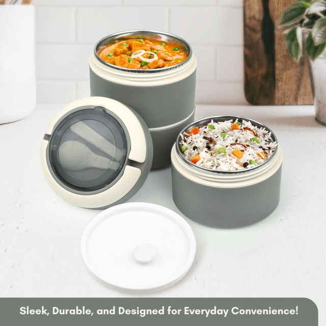 Flair Feast 3-Pc Lunch Box Set - Gray, Insulated With Handle & Spoon