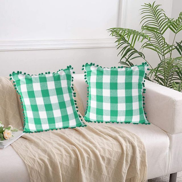 Lushomes Cotton Cushion Covers - Green/White Checks | 16 x 16 inch | Pom Pom