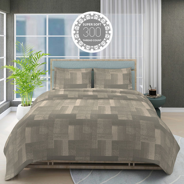 Boutique Living Geo Art (Cottage Garden) 100% Cotton 300 TC Grey King Bedsheet with 2 Pillow Covers