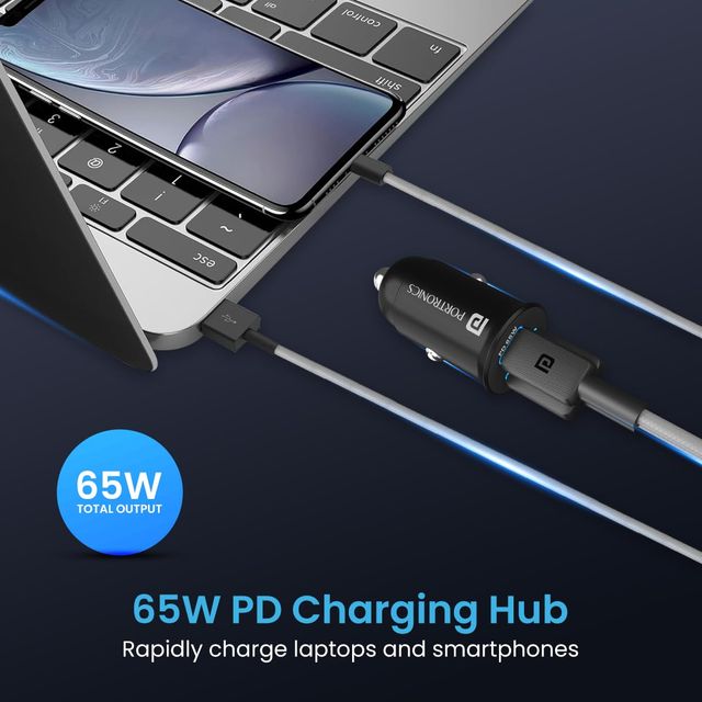 Portronics Car Power 65 Car Charger With 2M Type-C Pd Cable Dual Output