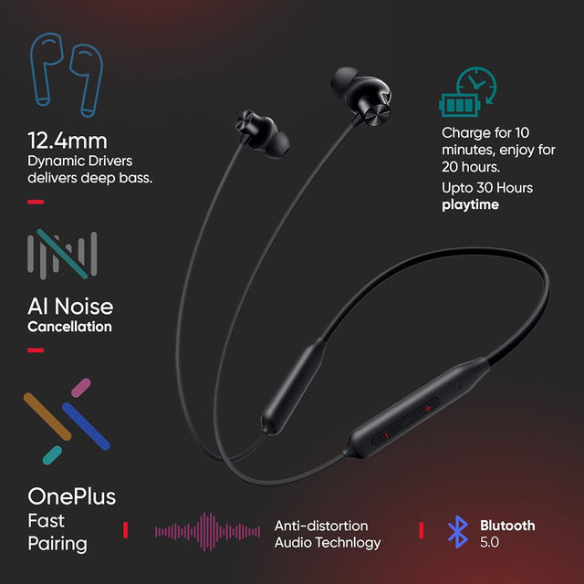 Oneplus Bullets Z2 Bluetooth Wireless In Ear Earphones Bombastic Bass-12.4Mm Drivers -Magico Black