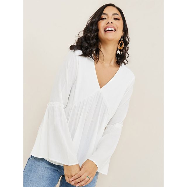 Styli Women's A-Line Top with Bell Sleeves and V-Neck | White - XL