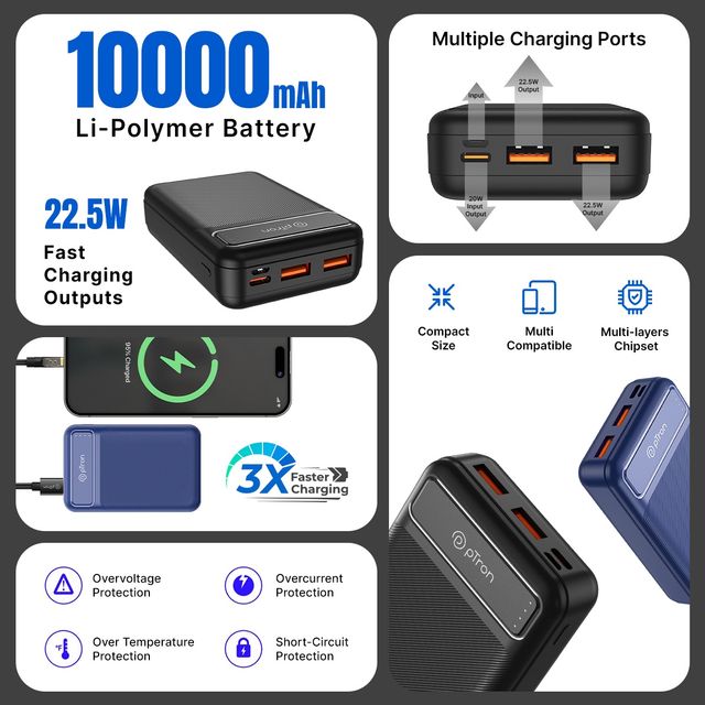 pTron Dynamo Spark 10000Mah 22.5W Nano Power Bank | 20W Pd Fast Charging | 3 Output/2 Input Ports - Black