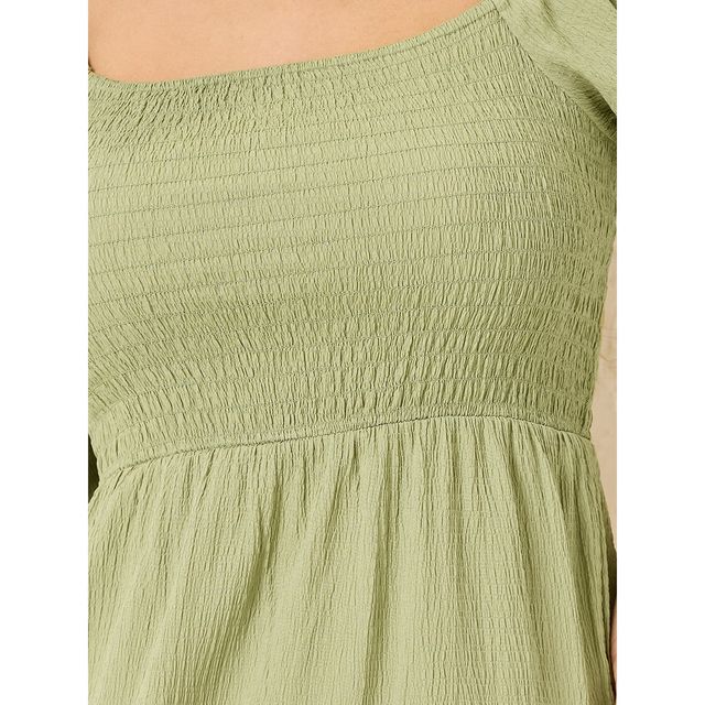 Styli Women's Smocked Midi Length Dress with Puff Sleeves | Green - XXL