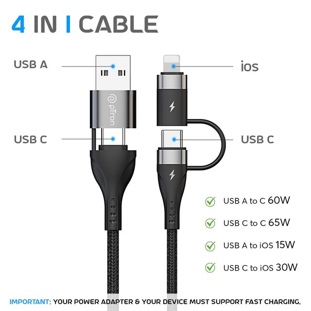 pTron Solero 4 in 1 USB Cable | 65W Type C to Type C | 60W USB to Type C | 30W Type C to iOS | 1m - Black