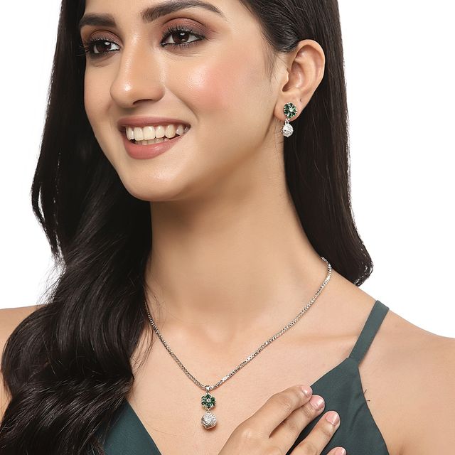 Zeneme Rhodium-Plated Silver Green CZ-AD Floral Cute Pendant Earrings Jewellery Set For Women