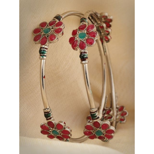 Sukkhi Floral Silver Oxidised Rhodium Plated Red & Green Bracelet Bangle Set for Women - 2.6