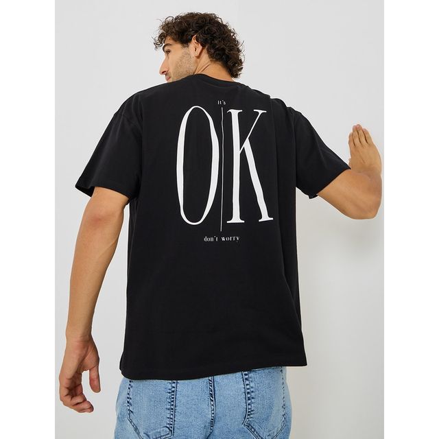 Styli Men's Slogan Print Back Printed Oversized Tee | Black - S
