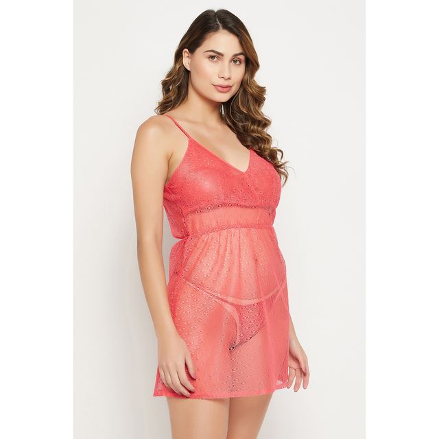 Clovia Chic Basic Semi-Sheer Babydoll in Pink with G-string - Lace | NS1300A14 | Pink | XXL
