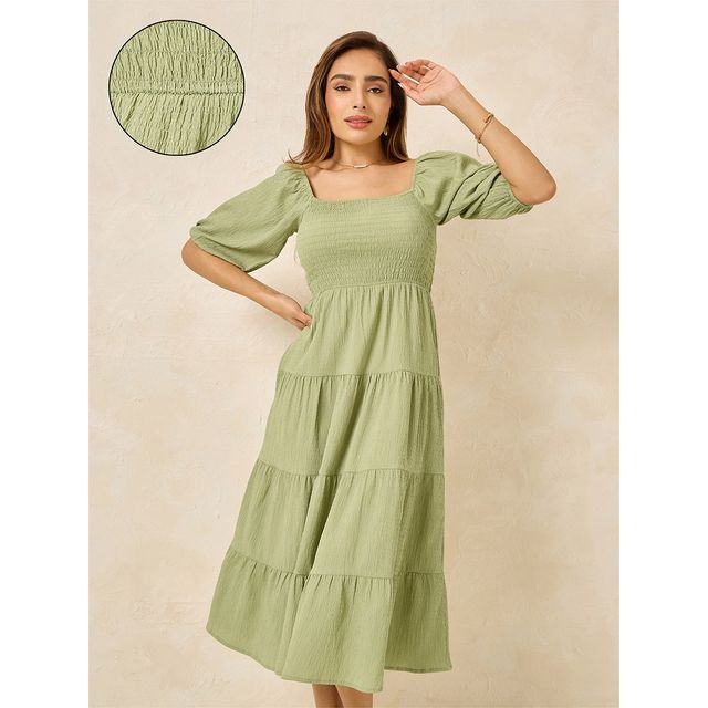 Styli Women's Smocked Midi Length Dress with Puff Sleeves | Green - XXL