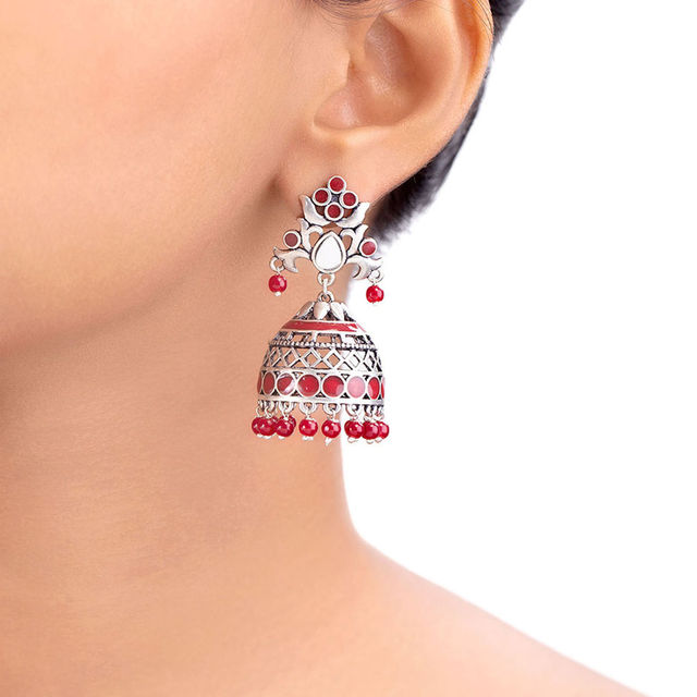 Voylla Artificial Beads Design Rangabati Cutwork and Jhumka | Brass Silver