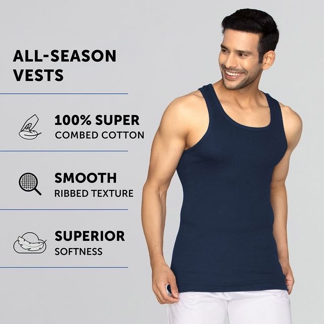 XYXX Men's Cotton Solid Ribbed Round Neck Vest, Pack of 2 , Black