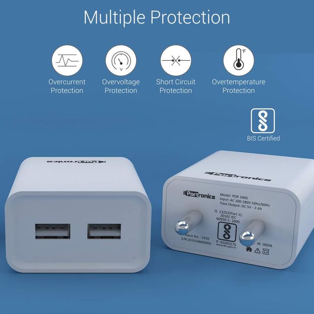Portronics Adapto 66 2.4A 12w Dual USB Port 5V/2.4A Wall Charger,Comes 1M Micro USB Cable White