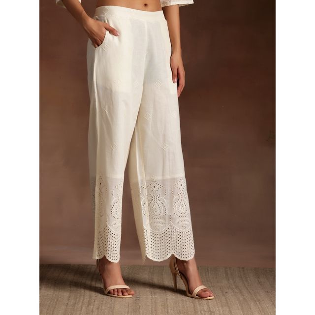 Libas Off White Pure Cotton Embroidered a | Line Kurti | Off White | M