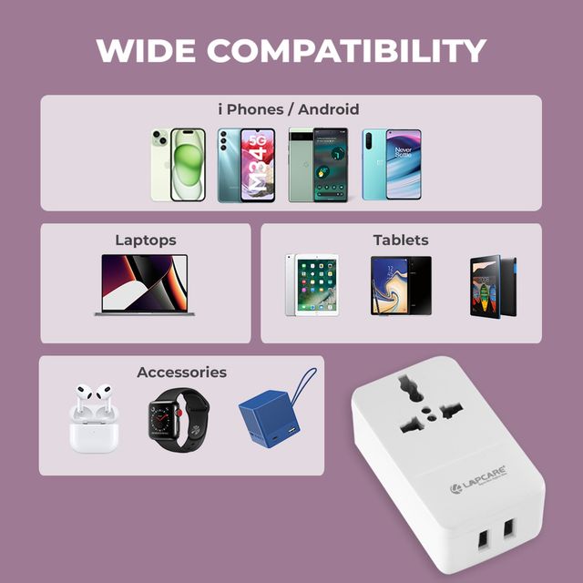 Lapcare Dual USB Adapter with 1 AC Power Socket | Multiport Travel Charger for Smartphones
