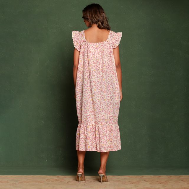 Nihsamah Women's Cotton Floral Printed Midi Frock Nighty | Midi Length | Off White - XL