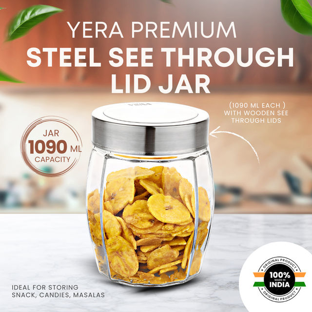 Yera Premium Glass Jar With Steel See-Thorugh Lid 1 Pc 1090 Ml (Each) Barrel Shaped