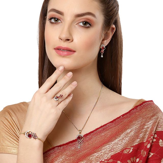 Zeneme Red Gold Plated Cubic Zirconia Studded Handcrafted Jewellery Set For Girls and Women