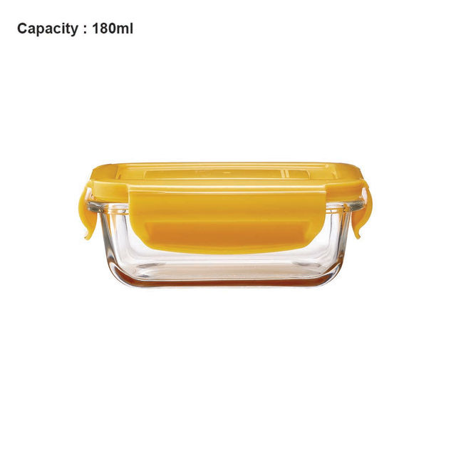 BAY6 Premium Imported Borosilicate Glass Container with Lid 180 ml - Rectangle - Yellow