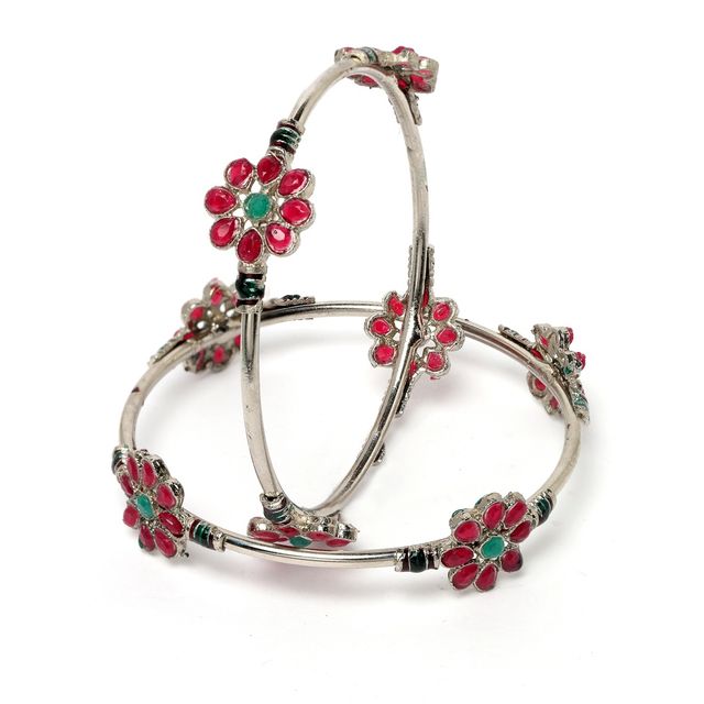 Sukkhi Floral Silver Oxidised Rhodium Plated Red & Green Bracelet Bangle Set for Women - 2.6