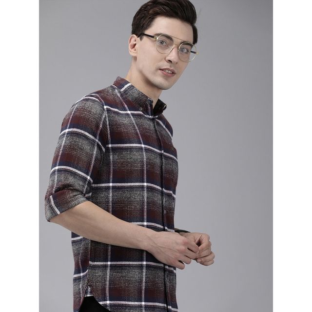 The Bear House Men Slim Fit Checked Shirt - Albion | Grey and Maroon | XL