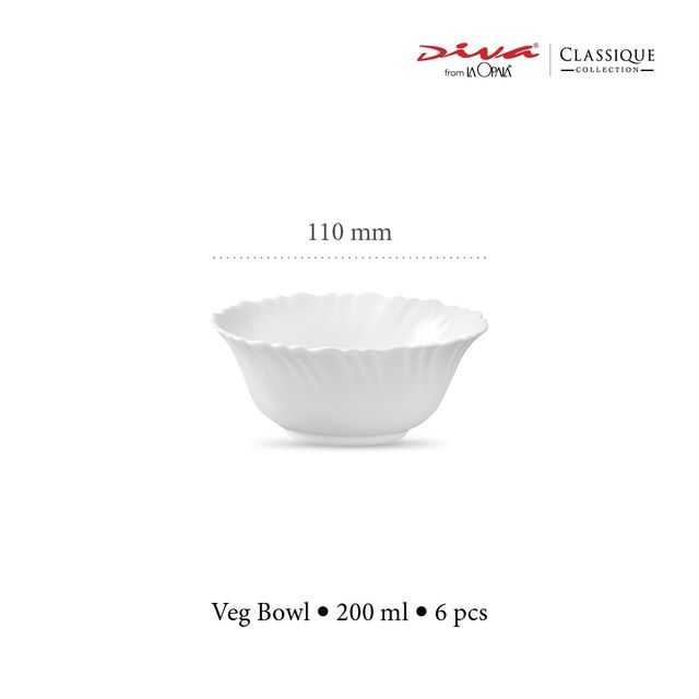 La Opala Diva Classique Veg Bowl Set of 6 | Opal Glass Bowl for Dining & Gifting - White