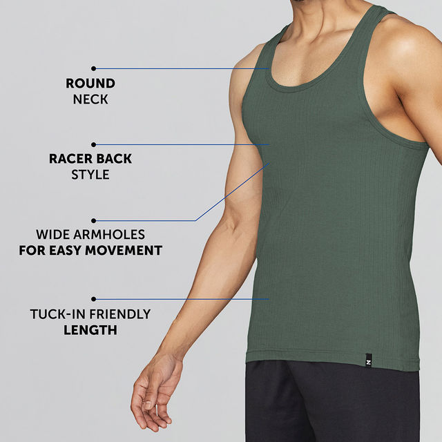 XYXX Nova Solid Super Combed Cotton Round Neck Vest | Pack of 2 | Black Iris + Olive- L
