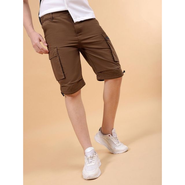 The Indian Garage Co Men Casual Coffee Brown Solid Cargo Parachute Shorts - 36 | 1022-Rpscrgsrt-12