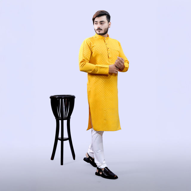 Tibra Collection Men Kurta - Yellow | Block Pattern | Cotton Blend | S