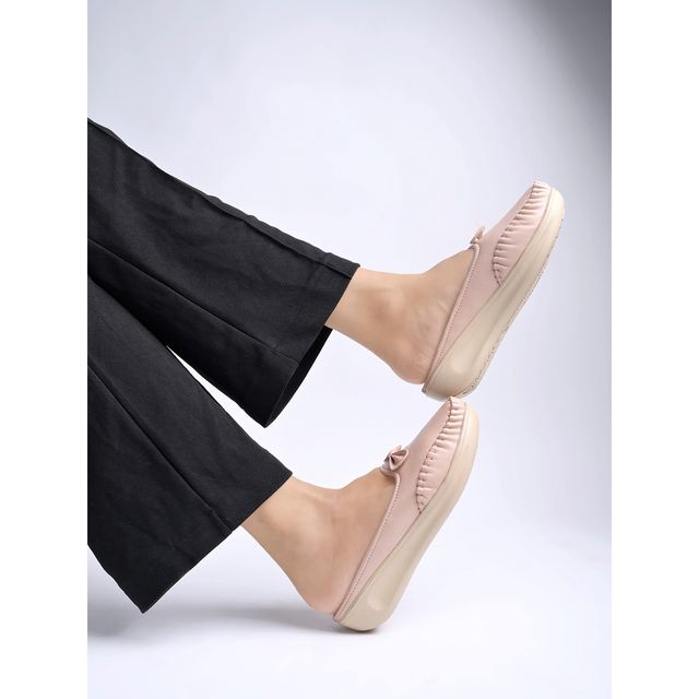 Shoetopia Women's Upper Bow Detailed Slip-On Loafers | Peach - UK 5
