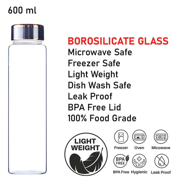 BAY6 Premium Imported Borosilicate Glass Bottle -600 ml