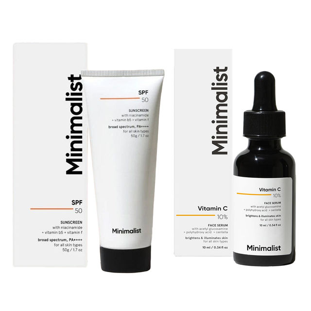 Vitamin C 10% Face Serum For For Brighter, Glowing & Healthy Looking Skin(10ml) & Minimalist Spf 50 Pa++++ Multi- Vitamin Sunscreen Broad Spectrum No- White Cast Light Weight For Men & Women(50ml) Combo