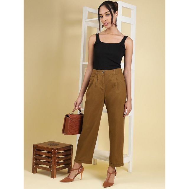 Freehand Women's Casual Regular Pleated Pants - Ginger Bread | Solid | 30