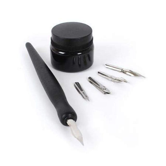 Chrome Manga Calligraphy Dip Pen Set With Universal Nib Holder And 5 Nibs
