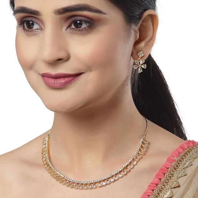 Zeneme Gold Plated American Diamond Modern Necklace Set | Multi-Piece Set