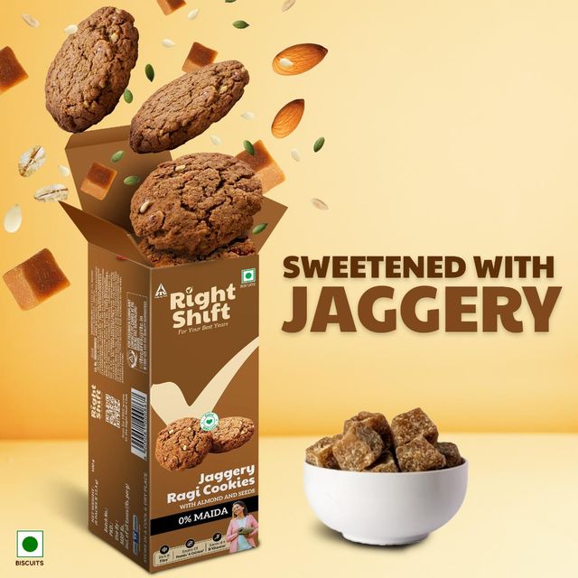 ITC Right Shift Jaggery Ragi 0% Maida Cookies | 0% Refined Sugar | With Nuts and Seeds