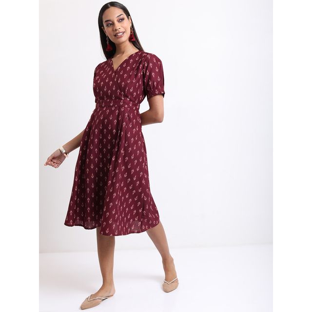 Ketch Women's Ethnic Motifs Printed Gathered A-Line Midi Dress | Brown - S