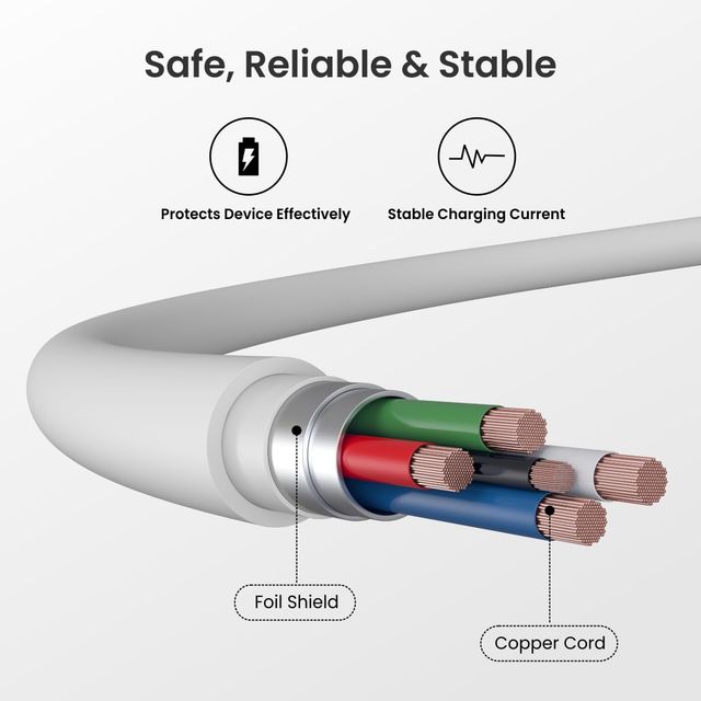 Portronics Konnect Link Type C Charging Cable with 3.0A Output | 480Mbps | 1 m Length - White