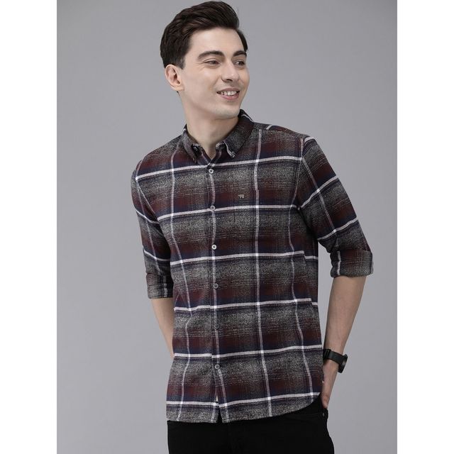 The Bear House Men Slim Fit Checked Shirt - Albion | Grey and Maroon | XL