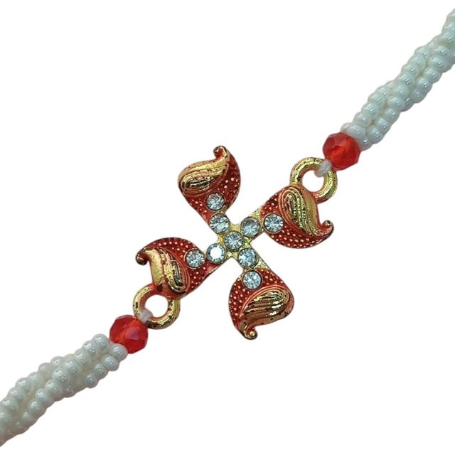 Gullak Swastik Minakari Moti Rakhi - Gold Metal