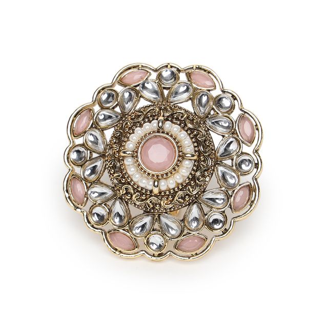 Aatmana Gold-Plated Pink Kundan-Studded & beaded Adjustable Traditional Finger Ring