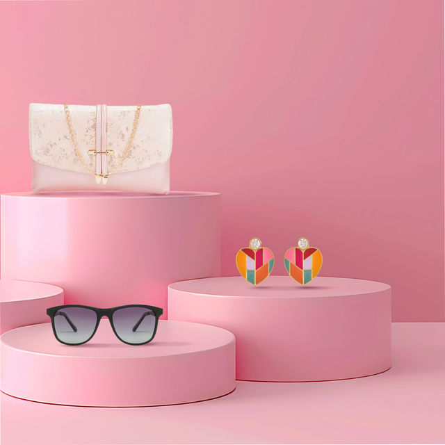 Lavie Chirpy Envelope Clutch(1pc), Vincent Chase by Lenskart | Full Rim Wayfarer Sunglasses | Polarized UV Protected | Unisex | Large | Black(1pc) & Voylla Valentine's Day Mosaic Heart Earrings(2pc) Combo