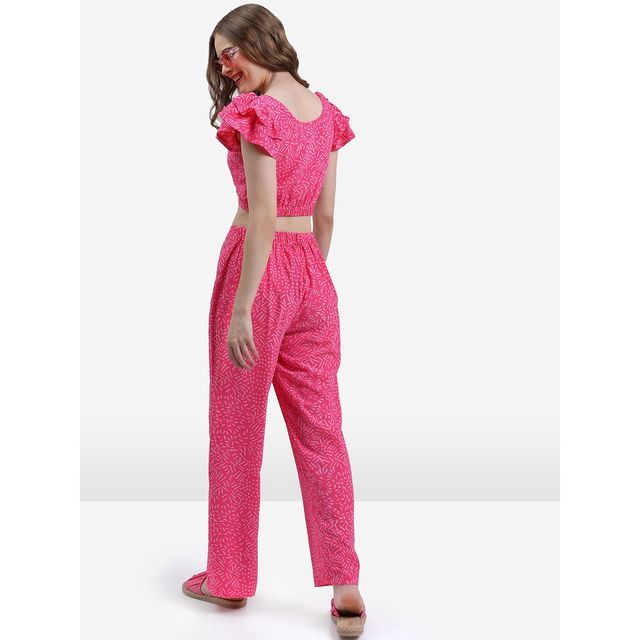 Ketch Women Geometric Printed Crop-Top and Trousers Co-ords | Pink | S
