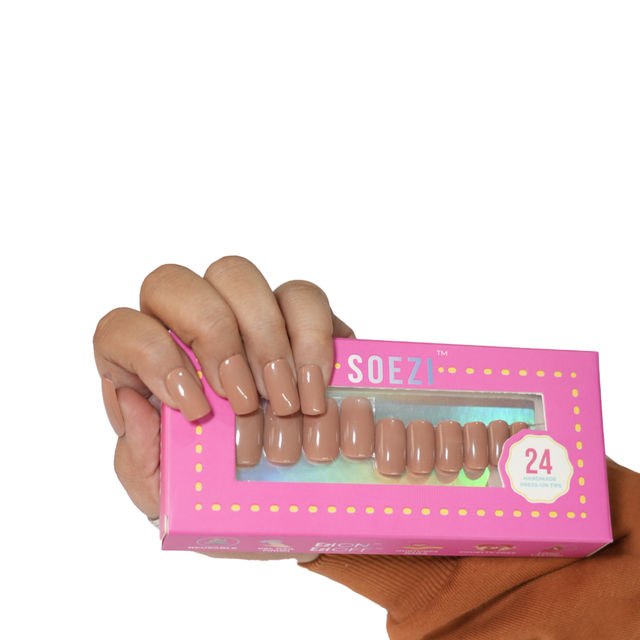 Soezi Press On Nails- Irl Brown- 24 Reusable Nails - Ready To Wear Kit -Medium Square
