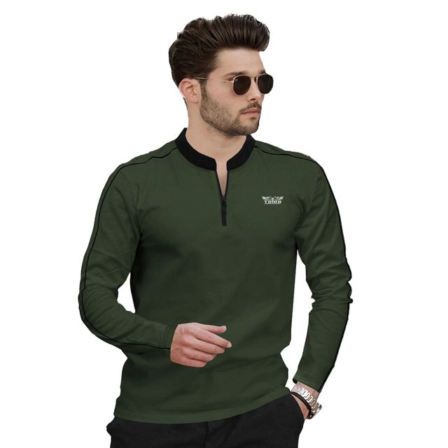 TRIPR Men Cotton Blend Mandarin Collar T-shirt | Olive Green and Black - XL
