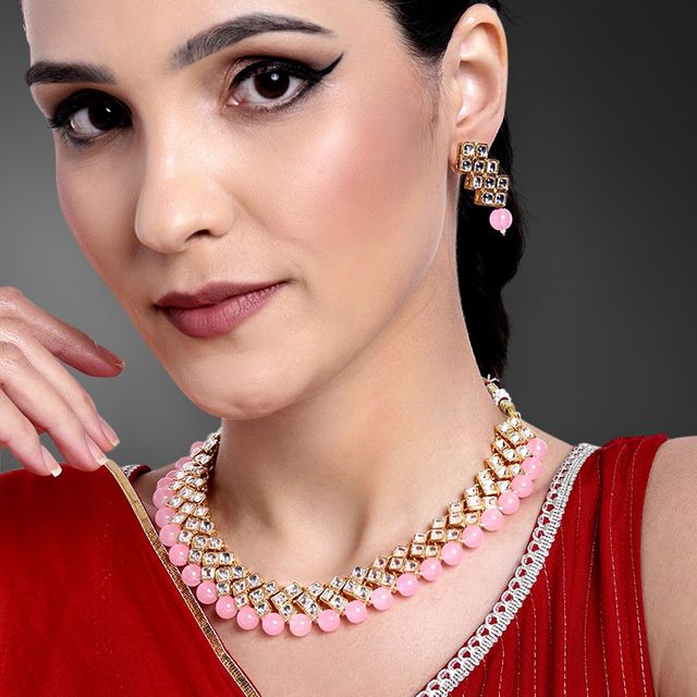 Peora Gold Plated Kundan Pearl Bridal Choker Necklace Jewellery Set With Dangle Earrings For Women
