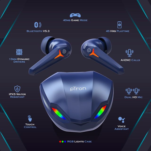 pTron Bassbuds Razer TWS Earbuds | 40ms Gaming | 45H Playtime | AI-ENC Calls & Deep Bass - Blue