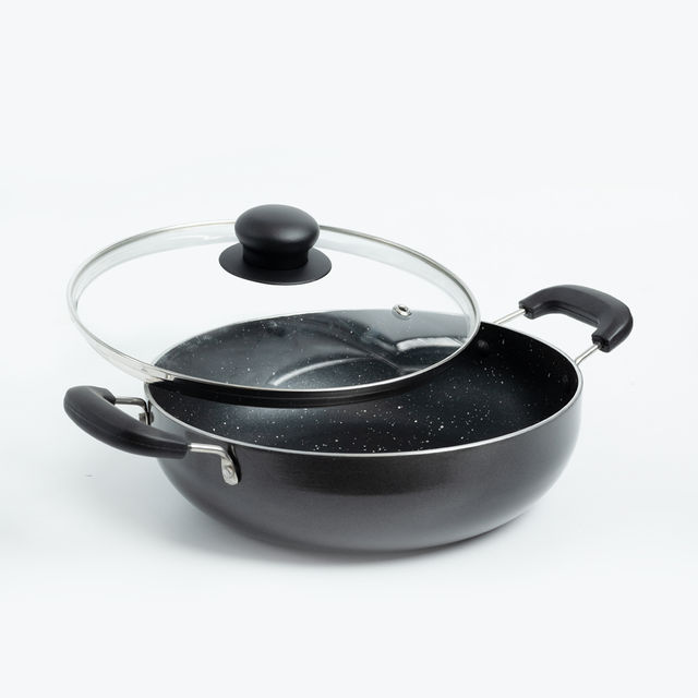 BAY6 Nonstick Kadai with Glass Lid | 26 cm - Grey